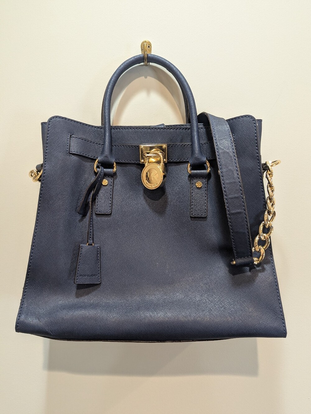 Michael Kors MK Hamilton Navy Blue Leather Large Tote Shoulder Bag Gold Hardware